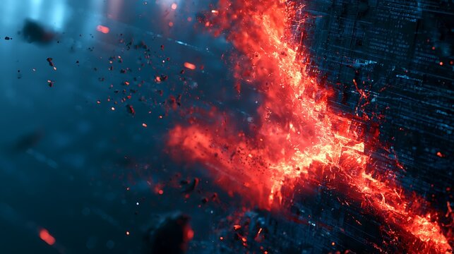 Cybersecurity containment wall resisting zero day exploit, luminous red energy rupture with floating digital debris,