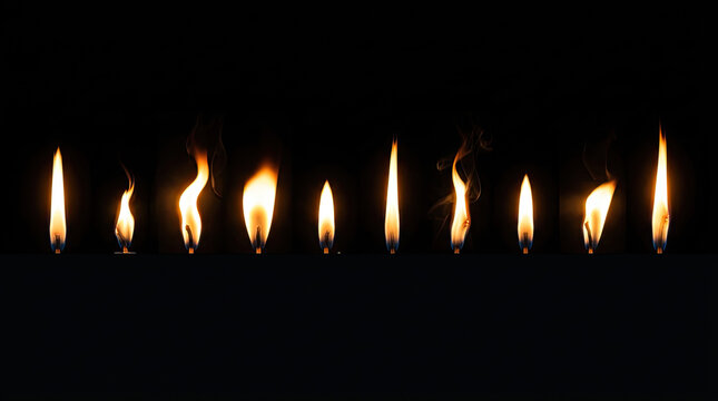 A collection of ten distinct candle flame shapes isolated on transparent background for creative design projects