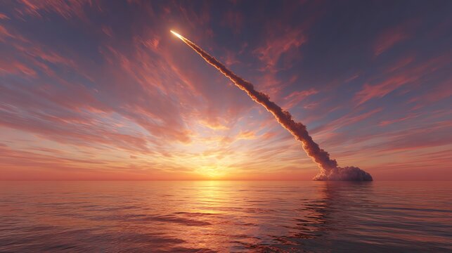 Rocket launches into sunset over the ocean.