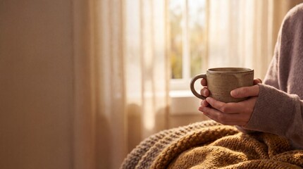 Fototapeta premium Hands holding warm ceramic mug by sunlit window in cozy home with negative space