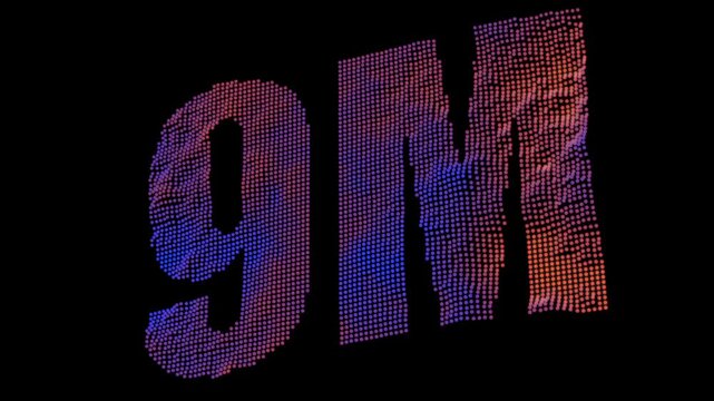 Glowing 9M Text Made of Digital Particles with Neon Gradient Abstract Technology Animation 4K