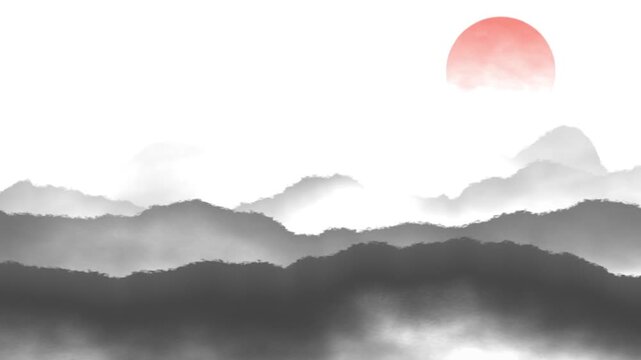 水墨風の山並みと淡い朝焼けの風景