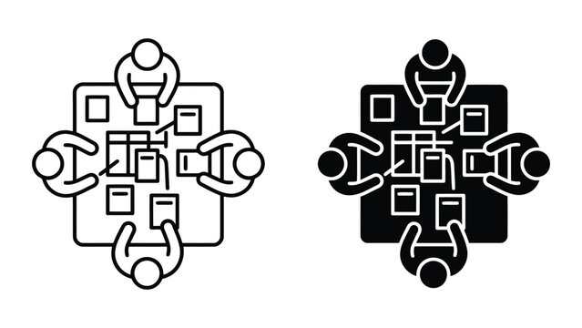 Business meeting round table discussion icon set with conference, collaboration