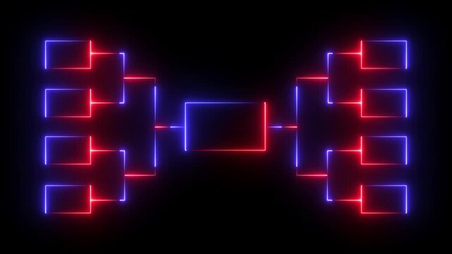 Animation of neon glowing team Tournament bracket templates isolated on black background. Championship bracket schedule for soccer, football, basketball