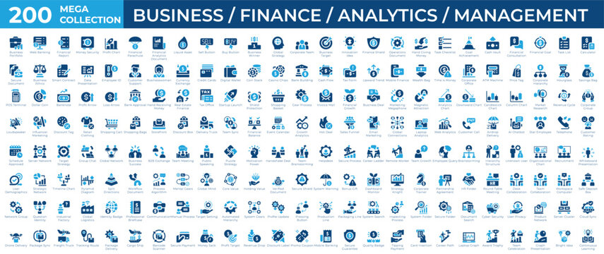 Mega collection of 200 solid icons illustrating business, finance, analytics, management, banking, accounting, investment, strategy, data and reporting. Vector illustration.
