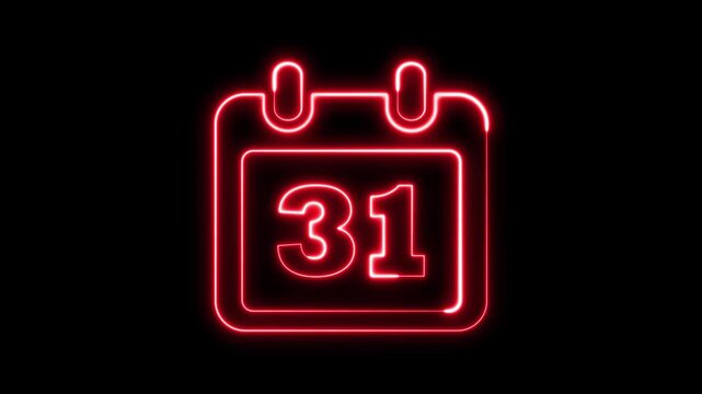 Neon glowing calendar icon with 31 animation on black background. Glowing neon calendar date 31 symbol for deadline and planning. calendar icon with date thirty one.