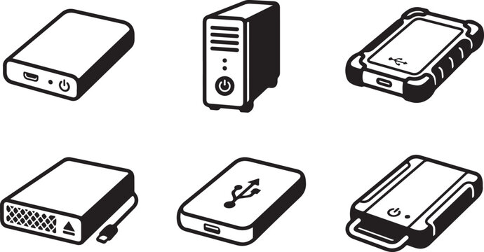 Six different portable external hard drive devices illustration Vector