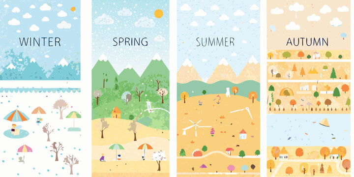 seasonal landscapes in flat vector style winter spring summer autumn mountains trees clouds snow rain sun beach houses windmills people illustration artwork design
