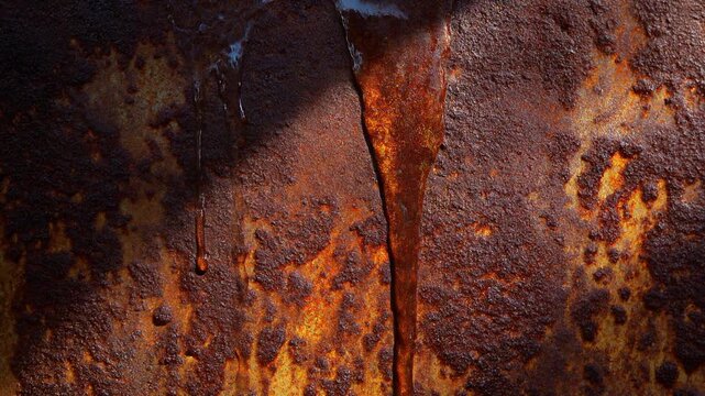 Water droplets trickle across weathered rusted metal, revealing corroded texture and grain under harsh side lighting with cinematic macro realism and industrial atmosphere.