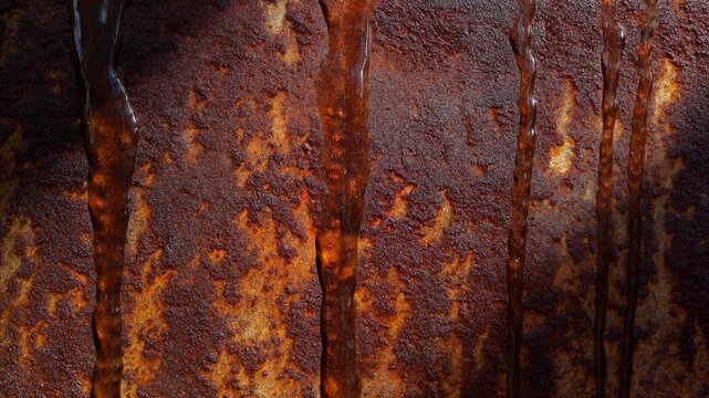 Water droplets trickle across weathered rusted metal, revealing corroded texture and grain under harsh side lighting with cinematic macro realism and industrial atmosphere.