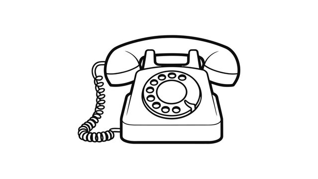 Black and white line art illustration of a vintage rotary dial telephone Vector, illustration