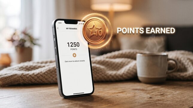 Loyalty rewards mobile app notification. Points earned confirmation screen on smartphone. Gold coin badge with 1250 points displayed for customer engagement.
