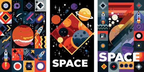 space themed vector illustrations with colorful geometric shapes planets stars astronauts rockets retro futuristic galaxy cosmos universe artwork design graphic poster background science © Debashis