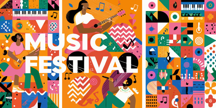 music festival colorful vector illustration musicians guitar drummer piano instruments notes event poster artwork graphic design pattern shapes icons vibrant celebration entertainment culture