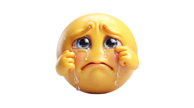 Realistic crying emoji face with streaming tears expressing sadness grief emotional distress isolated on white background