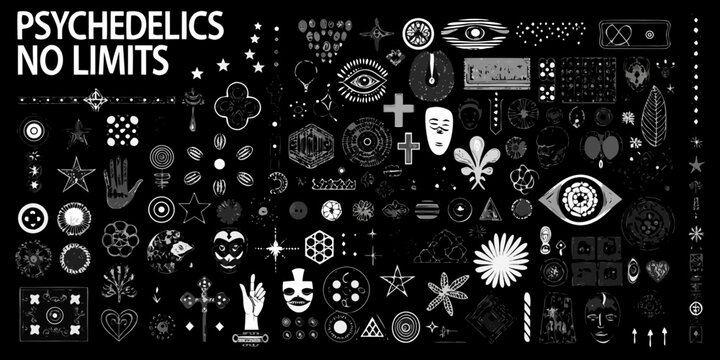 dense collection of abstract symbols stars masks vector illustration black background psychic eye crosses hand gestures flowers geometric shapes pattern design elements symbolism