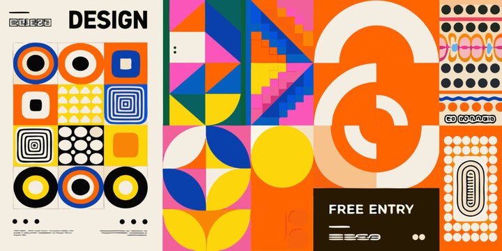 modern abstract geometric patterns with overlapping shapes and vibrant colors design triangle circle square rectangle ellipse polygon art graphic visual composition poster background