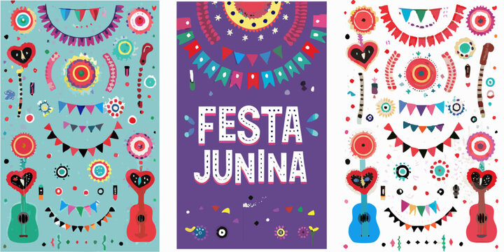 festa junina festival posters vibrant vector illustration brazilian culture colorful design party decorations music instruments guitars flags celebration cultural event latin america traditional