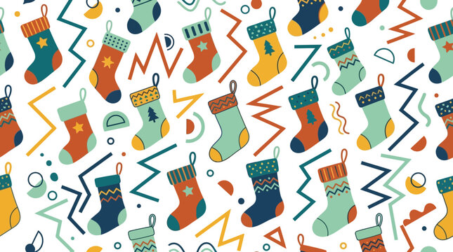 Stockings decorated with festive patterns are scattered across this vibrant holiday background.