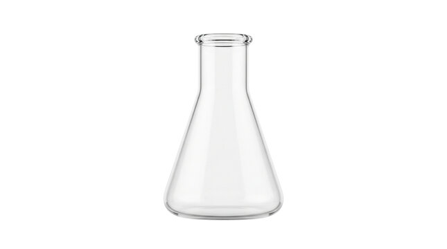 Erlenmeyer flask made of clear glass, empty conical laboratory flask for scientific research, professional chemistry glassware for medical testing isolated PNG with Transparent Background