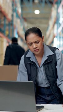 Logistics, woman and confused in warehouse with laptop, shipping document error or stress for crisis. Supply chain, manager and frustrated person with computer, export paperwork mistake and problem.