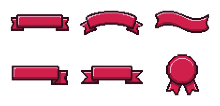 Red pixel art ribbon and banner set for digital interface graphic design