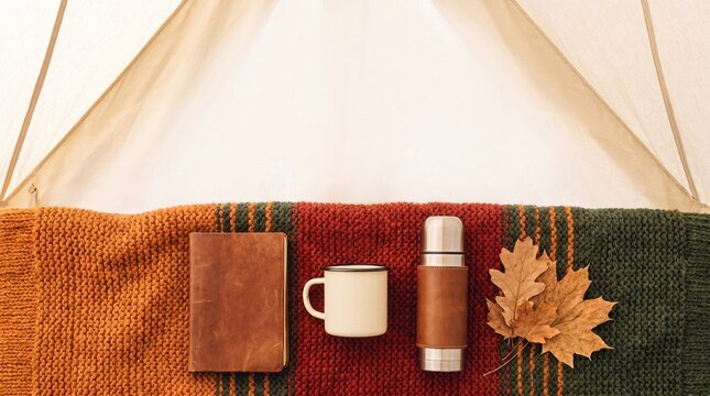 Flat lay of autumn camping gear and blanket inside a canvas tent with copy space