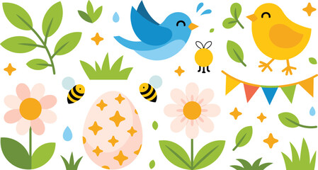 Cute Easter and Spring Vector Element Set Featuring Flying Bluebird, Yellow Chick, Decorated Egg, Flowers, Bees, and Colorful Bunting Garland for Holiday Greetings © Ismail