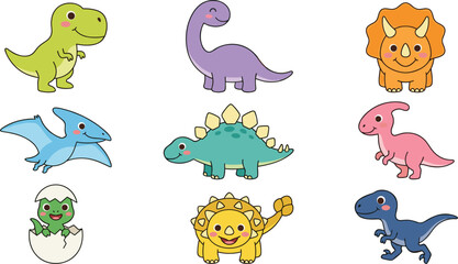 Cute Baby Dinosaur Vector Illustration Set Featuring Cartoon T-Rex, Stegosaurus, Triceratops, Pterodactyl, and Hatching Dino Egg for Kids Birthday and Nursery Designs © Ismail