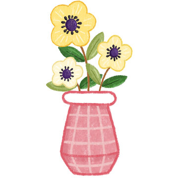 This floral illustration features textured yellow flowers in a cute pink checkered vase.
