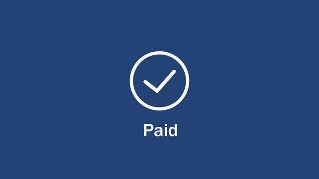 Minimalist paid status animation featuring a clean white checkmark symbol inside a circular border against a solid navy blue background, for business financial, transaction confirmations