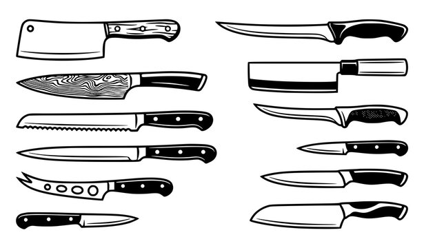Set of 12 Detailed Kitchen Knife Illustrations Including Cleaver Chef Bread Boning and Fillet Knife Black and White Vector
