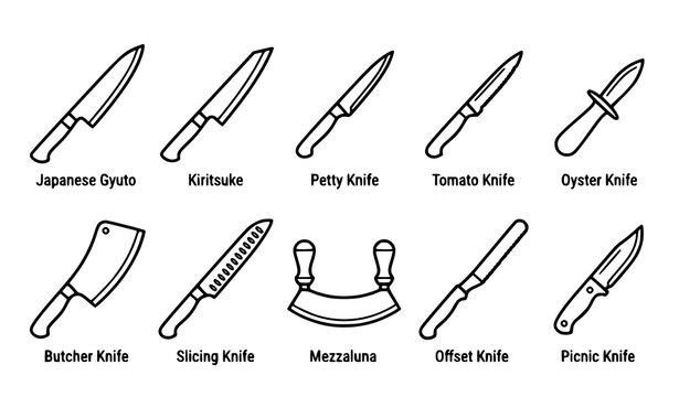 Set of 10 Kitchen Knife Types with Labels Including Japanese Gyuto Kiritsuke Butcher Cleaver and Oyster Knife Vector Icons