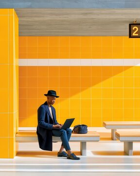 Man in black hat working on laptop at a bright yellow tiled station bench, remote commuter scene