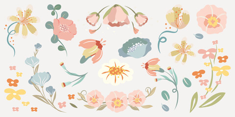 Obraz premium Vector of colorful, abstract floral designs with various flowers and leaves.