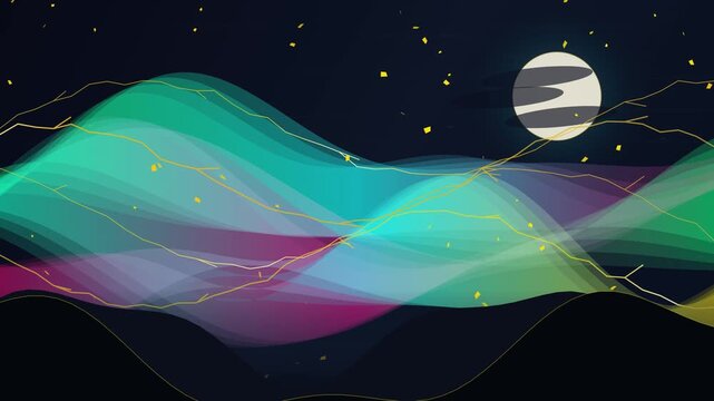 Abstract Japanese Ukiyo-e landscape with stylized teal and purple waves, gold kintsugi-inspired lines, full moon, and golden floating particles on a dark background.