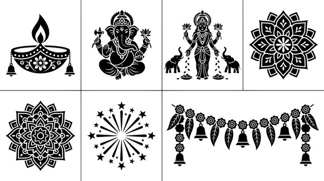 Diwali vector icons featuring Ganesha, Lakshmi, diya, and mandalas.