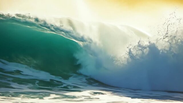 Surfing wave curls in powerful ocean motion as emerald water breaks with bright sea foam in sunlight creating inspiring natural marine environment with dynamic liquid movement active coastal splash