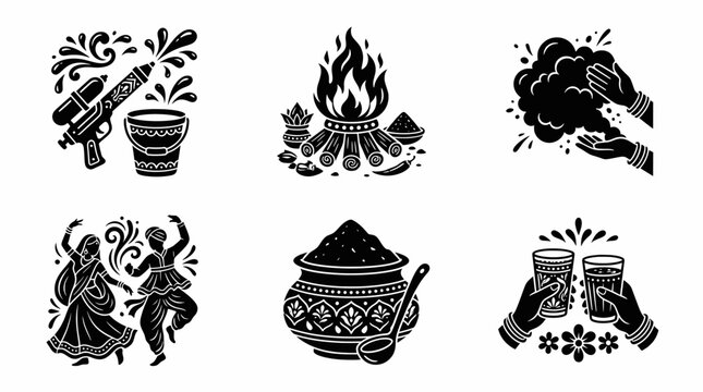 Holi festival black silhouette icons of bonfire, water gun, dancing couple, and color powder