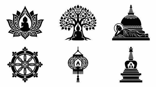 Black silhouette Buddhist icons collection: Buddha, stupa, lotus, and Dharma wheel for religious art