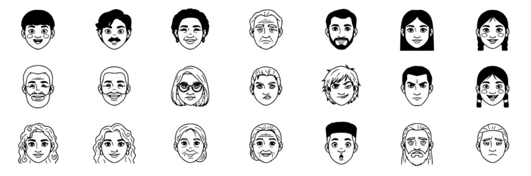 Diverse Cartoon Faces Arranged in a 4x6 Grid with Various Expressions and Hairstyles Featuring Illustration, Vector, People