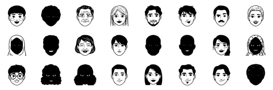 Diverse Cartoon Faces Arranged in a 4x6 Grid with Various Hairstyles and Expressions Featuring Illustration, Vector, People