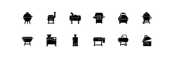Fototapeta premium Barbecue Grills in Black Icons Arranged in Two Rows Featuring Grill, Cooking, Outdoor with Food and Grilling Elements