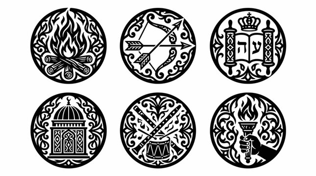 Lag BaOmer Jewish holiday icons featuring fire, bow, and Torah symbols.