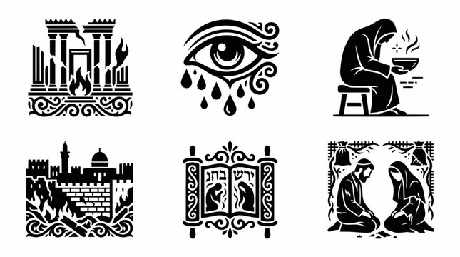 Six black silhouette icons depict Jewish mourning, destruction of Temple and Jerusalem.
