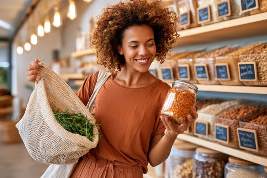 Young woman shopping in a zero-waste grocery store with reusable bag and glass jar