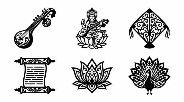 Indian Hindu Festival of Vasant Panchami Silhouette Icons featuring Goddess Saraswati, Veena, Lotus, Kite, Peacock, and Scroll