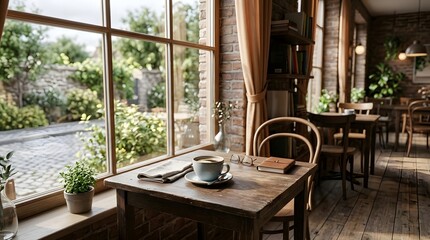 Fototapeta premium Cozy Cafe Table Coffee Window Illustration