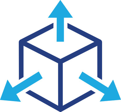 Isometric 3D cube with outward arrows vector icon