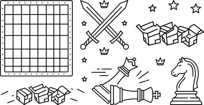 Chess game strategy icons set chessboard crossed swords boxes knight king queen checkmate tournament combat outline line vector